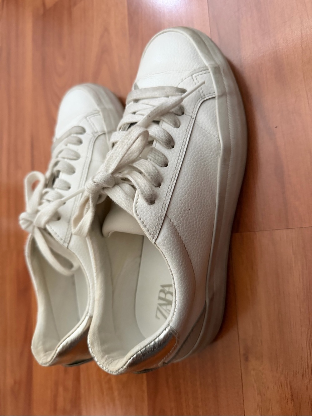 Zara Off-White Leather Low-Top Sneakers with Metallic Heel
